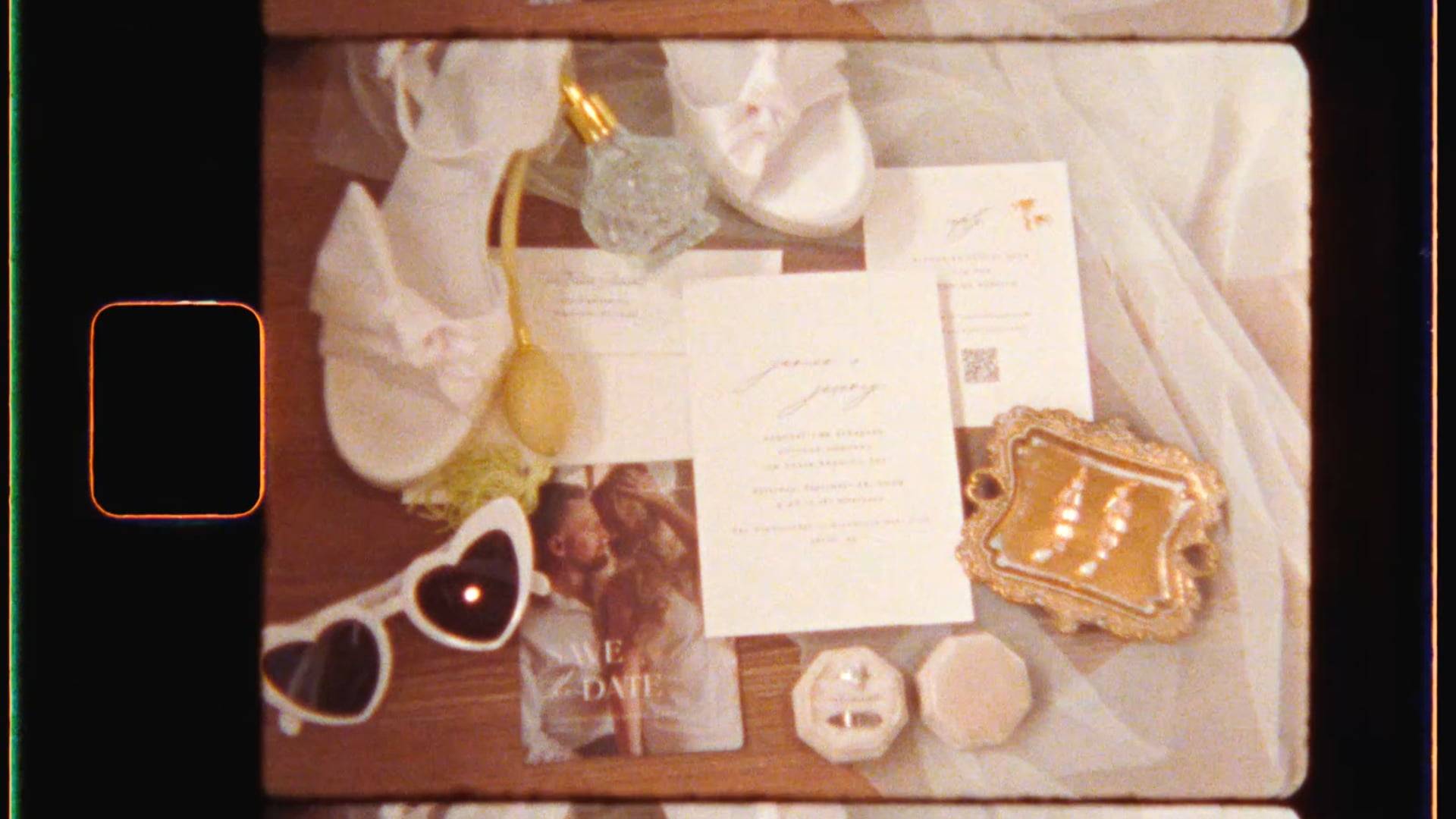 Super 8 wedding film frame, wedding day details shot on Kodak film